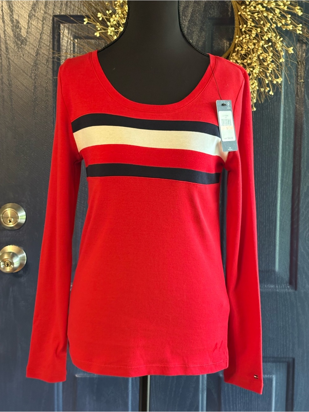 Tommy Hilfiger Red Scoop Neck Striped Long-Sleeve NWT size Small